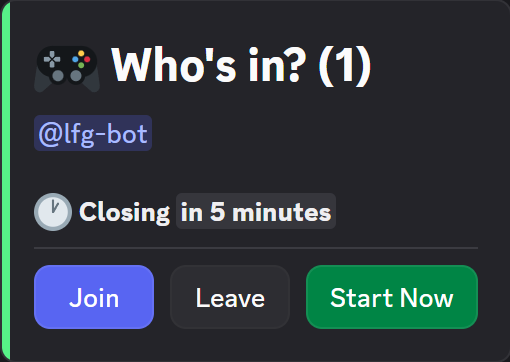 The bot's gather card in Discord — join the session, then Start Now
