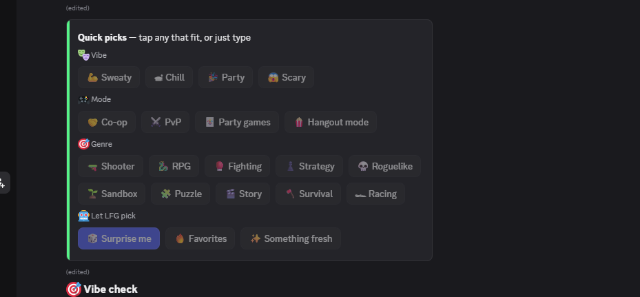 LFG Bot's vibe-check buttons rendered in a Discord channel just after /lfg-bot start