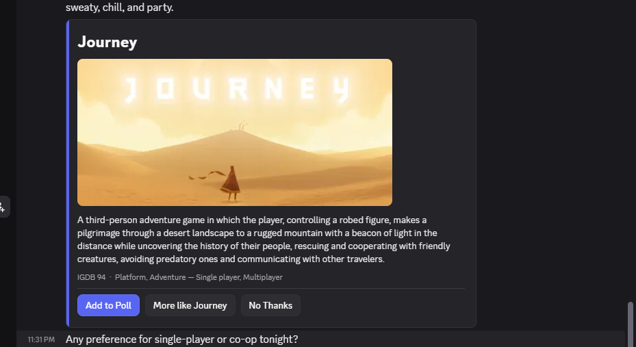 A game-recommendation card with rationale caption explaining why this game fits the group