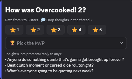 Post-game feedback prompt with 5-star rating buttons and the MVP picker